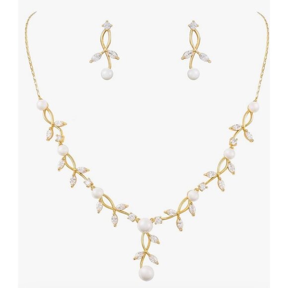 MEEDOZ pearl gold tone Jewelry Set Pendant Necklace and Dangle Earring - Picture 1 of 9